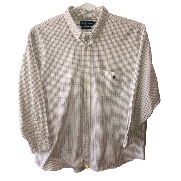 Ralph Lauren Button Down Shirt Mens 3XL Big Two-Ply Cotton Cream Checkered Plaid - Picture 1 of 9
